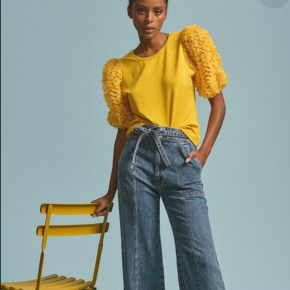 Flat White Tops - Anthropologie Flat White Ruffle-Sleeve Petal Puff top Golden Yellow S